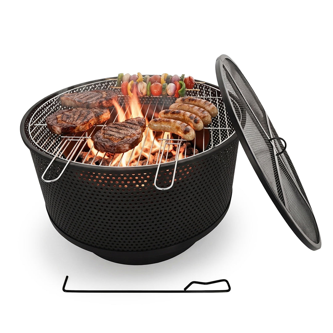 Relaxdays Feuerschale, Ø 61 cm, mit Grillrost, Funkenschutz &amp; Schürhaken, 3 in 1 Feuerstelle Garten,