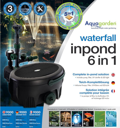 Aquagarden Inpond 9000, Teich- und Wasserpumpe, Filter, UV-Klärer, LED-Strahler und Springbrunnen, K