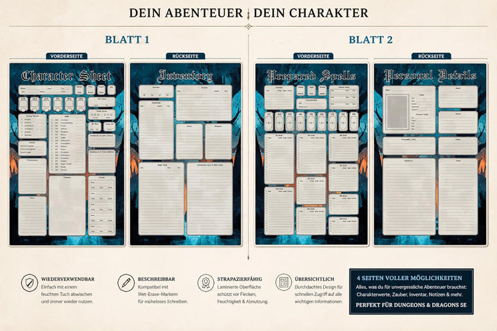 2 Wiederverwendbare RPG Charakterbögen – 4 laminierte A4 Character Sheets (8 Seiten), Wet-Erase-Stif