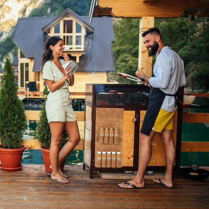 LEKEFETO Tragbare Gewürztasche aus Segeltuch mit 9 Gewürzgläsern, Camping Gewürzset für Outdoor, BBQ