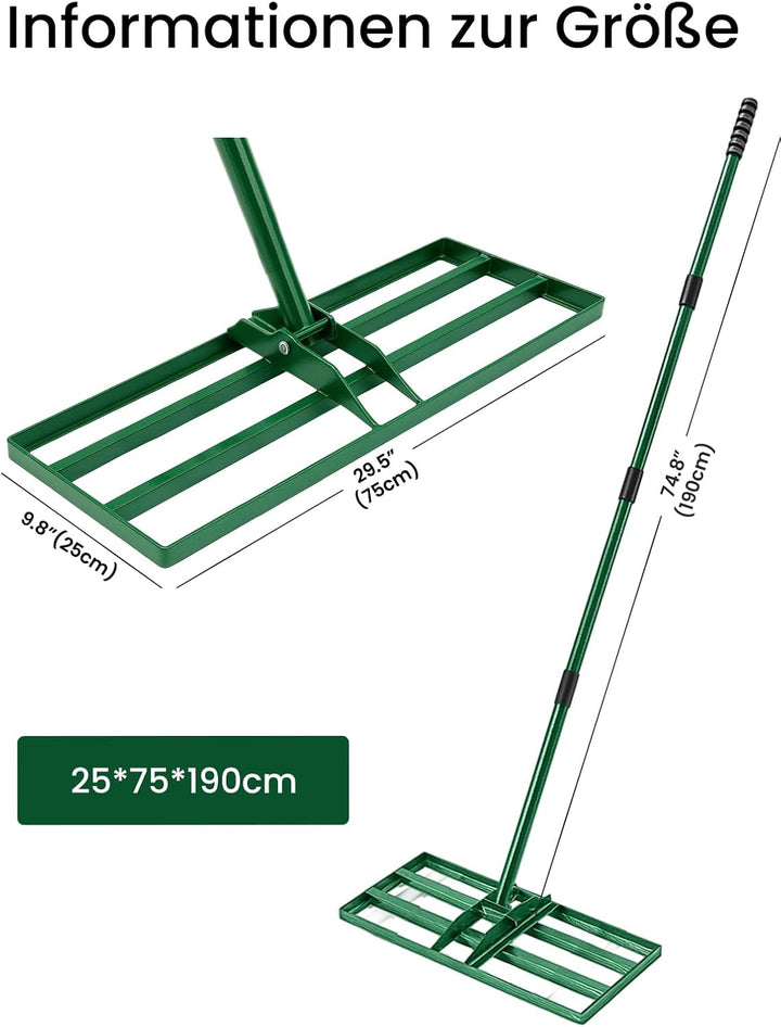Lawn Levelling Rake 75 x 25 x 190cm, Rasenrechen Garden Grass Squeegee Sand Rakel Tool Scarifier wit