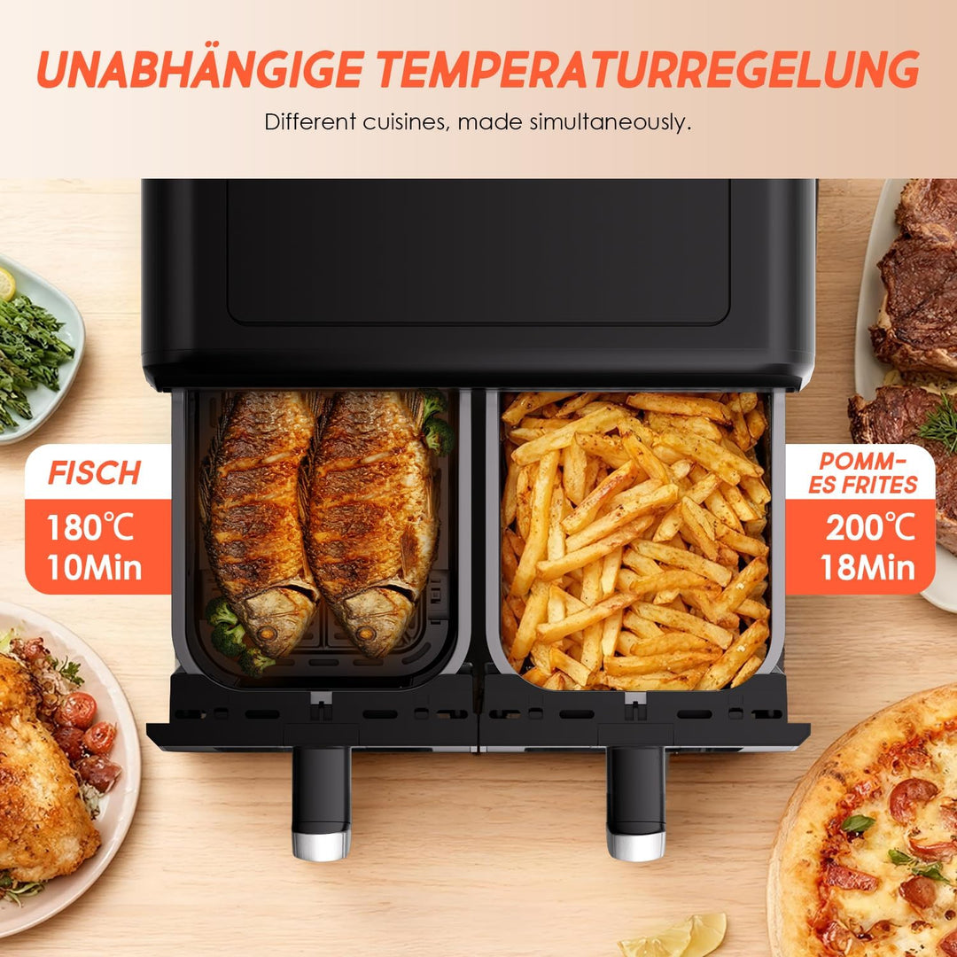 Airfryer,Heissluftfritteuse 2 kammern,8 Programme,Heissluftfritteuse mit Touchscreen,Spülmaschinenfe