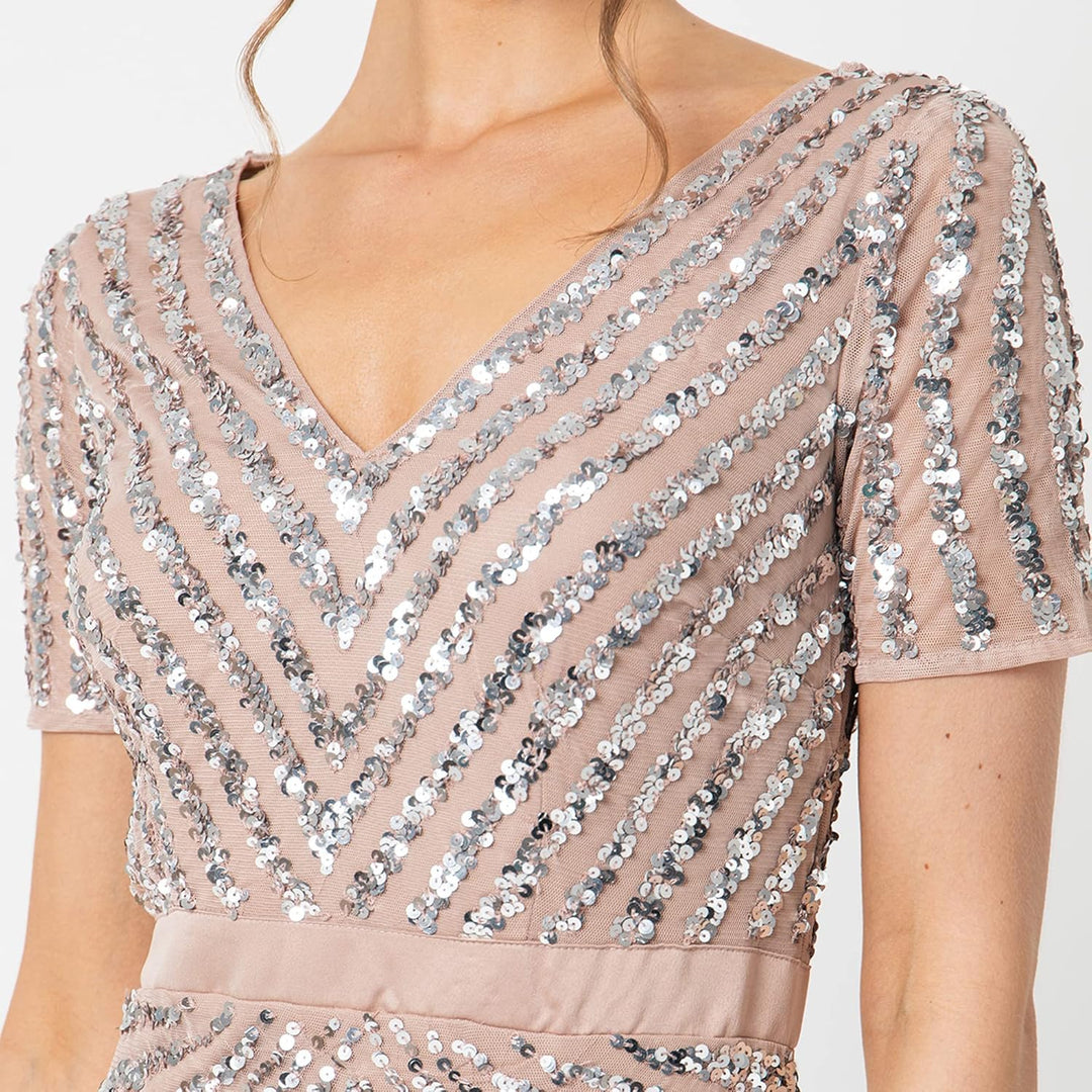 Maya Deluxe Damen Pailletten Maxi Abendkleid Elegant für Hochzeit V-Ausschnitt A-Linien-Schnitt Brau