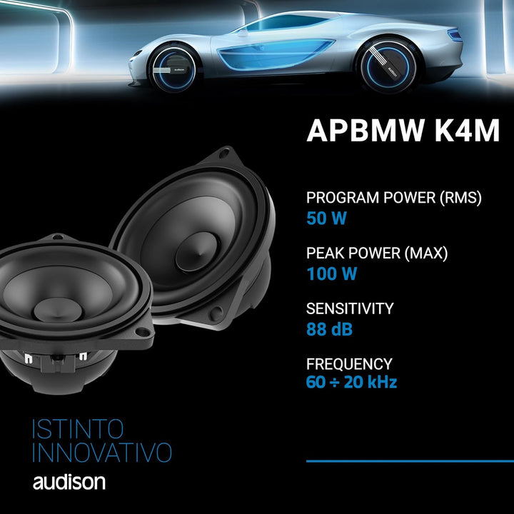 Audison APBMW K4M – 2-Wege-System für BMW/MINI mit 100-mm-Mitteltöner, Hochtöner und Weiche, 100W Pe