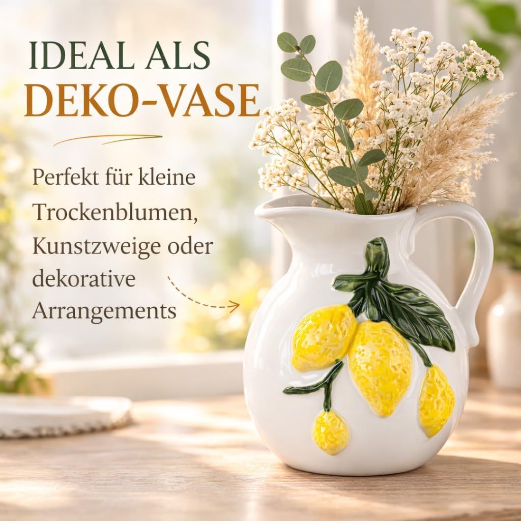 Formano Deko Krug Porzellan Zitronen Deko-Vase aus weiss glasiertem Porzellan mit handbemaltem Zitro