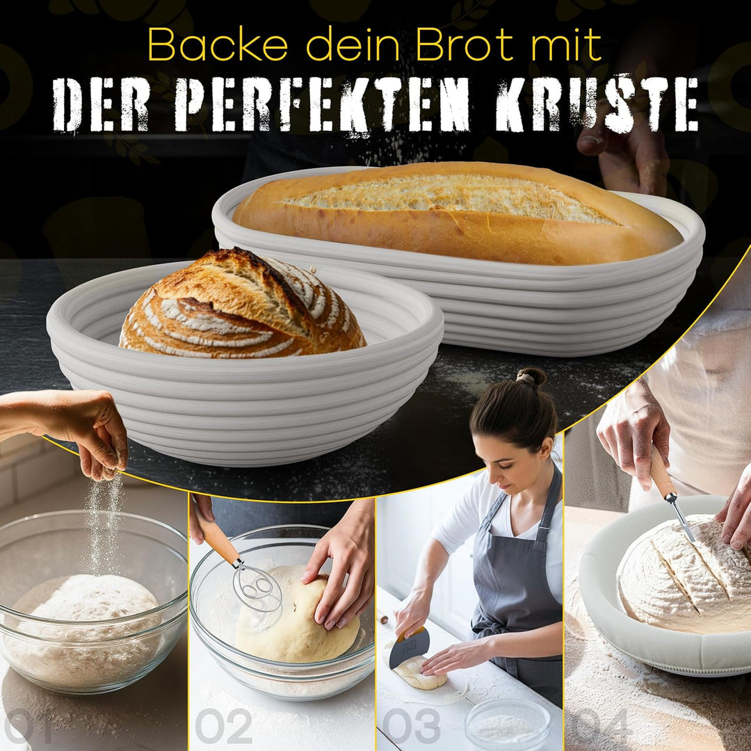 Brot Gärkorb Set 13-teilig – 2x Profi Gärkörbchen Rund & Oval (23 & 25 cm) aus 100% Rattan | Komplet