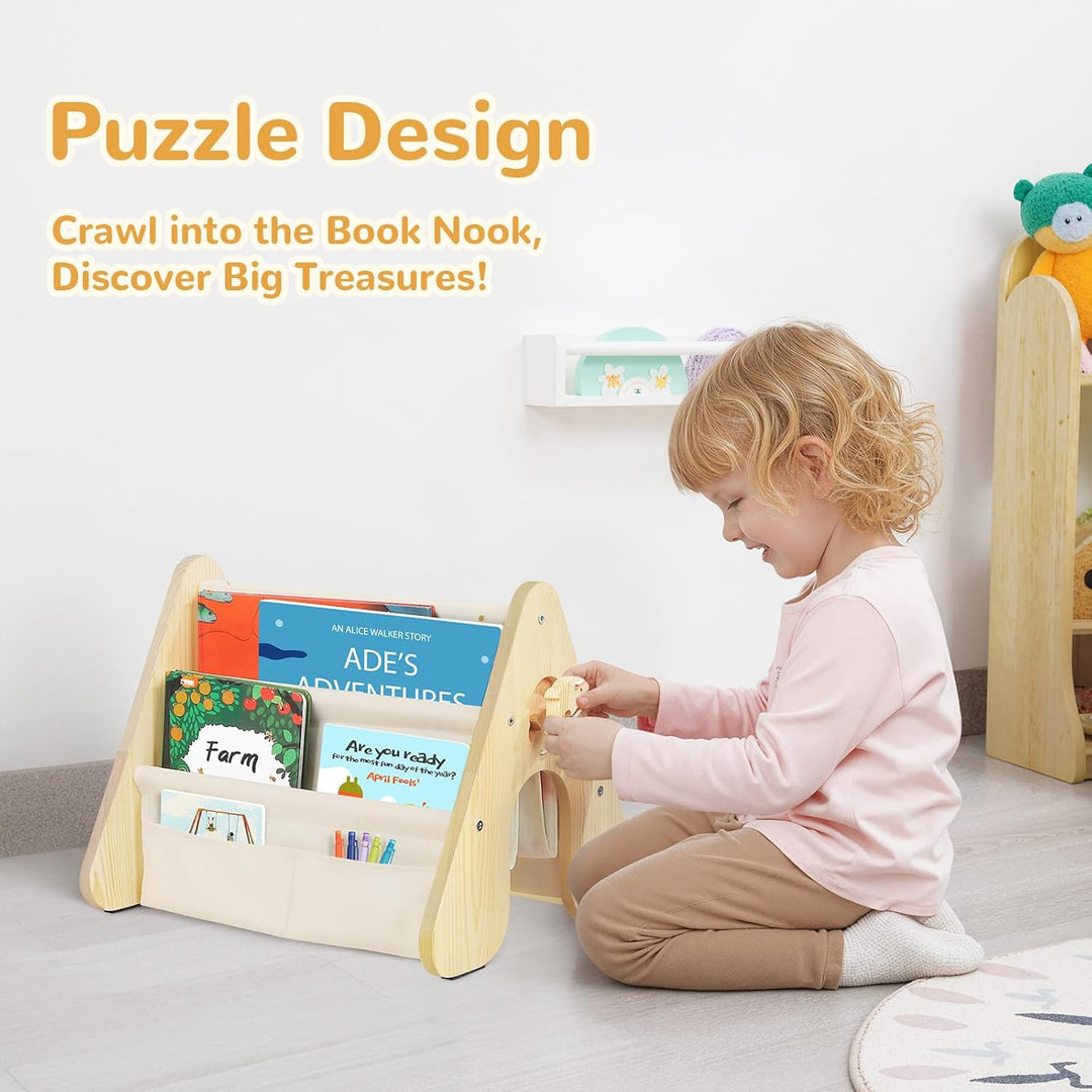 Bücherregal Kinder mit Doppelter Seite, Dreieckige Kinderregal 4-stöckig Montessori Regal für Kinder