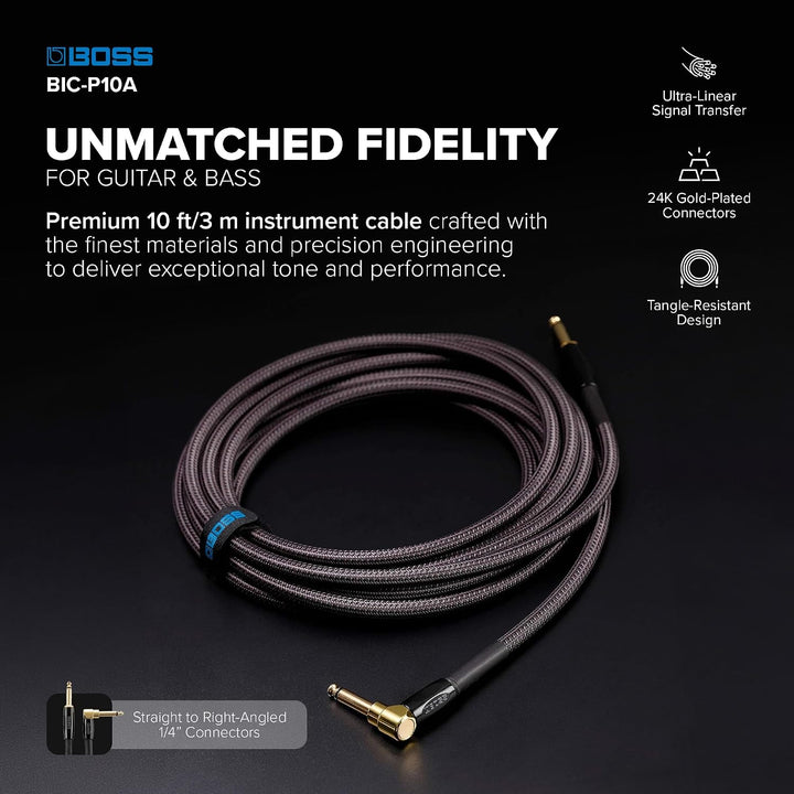 BOSS BIC-P10A, Instrumentenkabel mit geraden auf gewinkelten 6,3-mm-Klinkensteckern, 10ft / 3m 10ft/