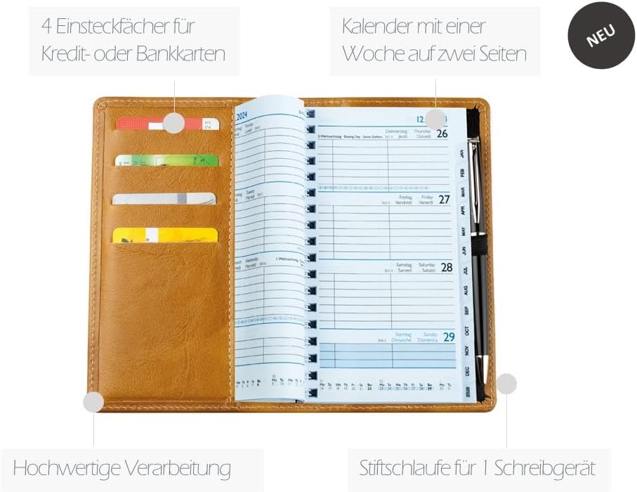 DELMON VARONE - Personalisierbarer Taschenkalender 2026 Anilin Leder braun - Organizer Terminkalende