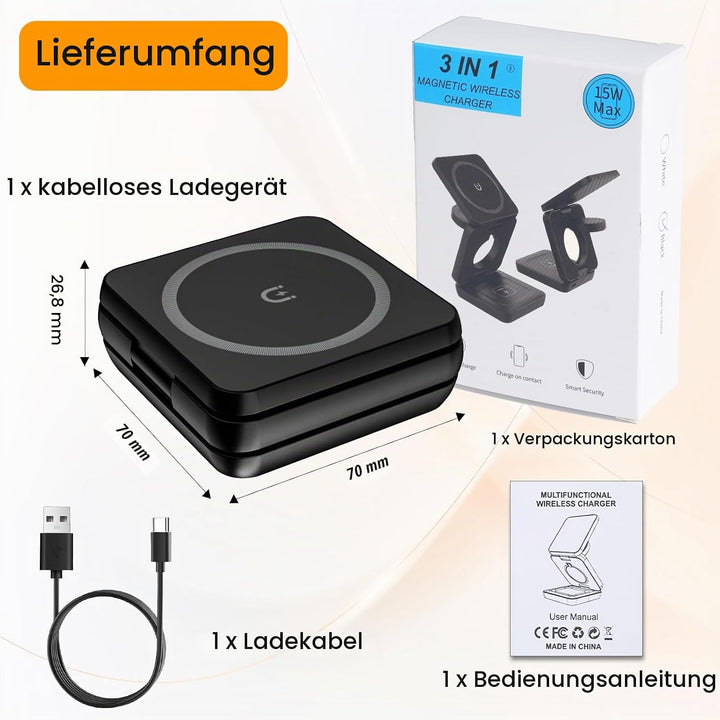 3 in 1 Faltbare Kabellose Ladestation, Induktive Ladestation für Apple Watch und Phone, Wireless Cha