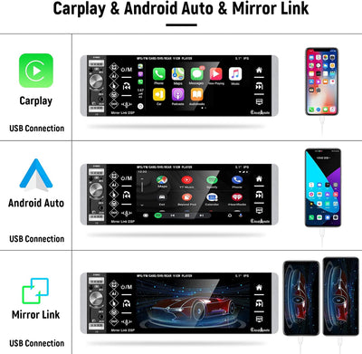 Hodozzy Autoradio 1 Din Bluetooth Carplay&Andorid Auto 5.1 Zoll IPS mit Bildschirm Touchscreen Auto