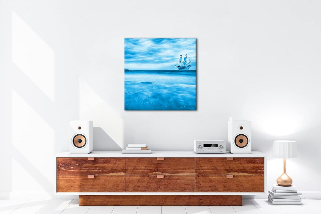Segelschiff im blauen Meer an der Küste Format: 70x70 Effekt: Monocrome Blau als Leinwandbild, Motiv