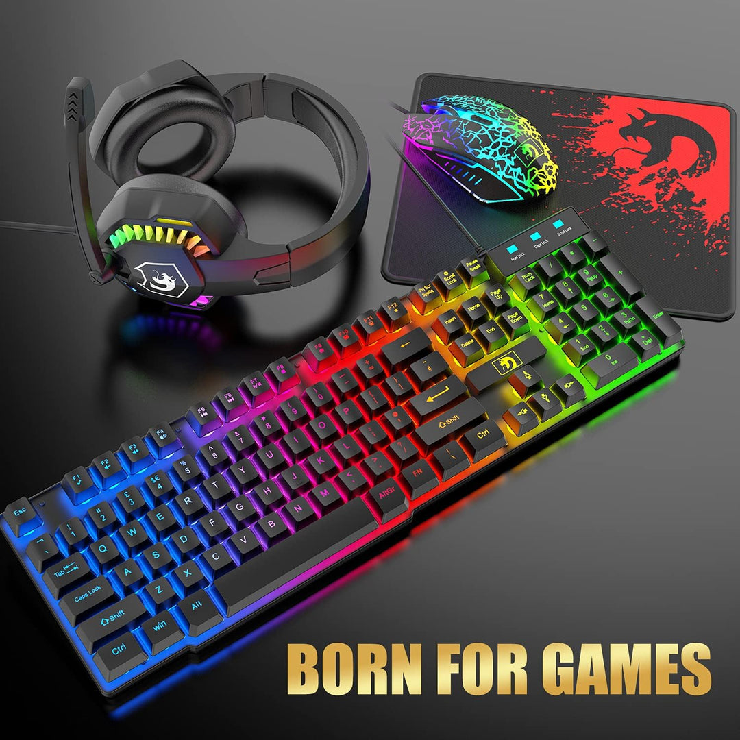 Kabelgebundene Gaming-Tastatur und Maus-Headset-Kombination, Regenbogen-LED-Hintergrundbeleuchtung,