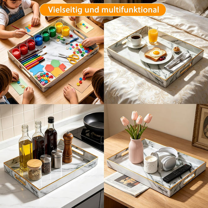 Serviertablett, Tablett mit Griff Marmor Deko Rechteckig Kaffeetablett, Bruchsicher Gross Tablett fü