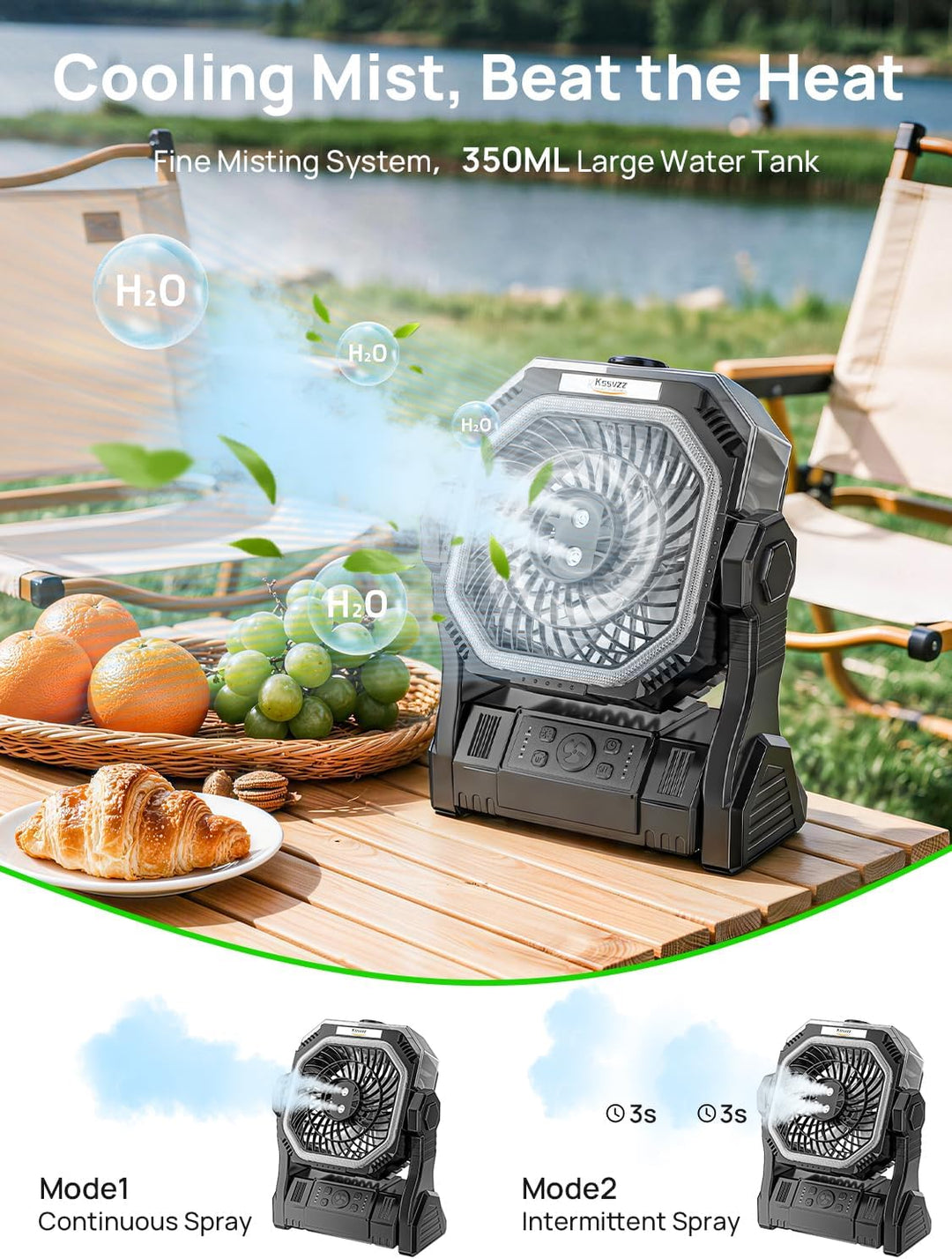 Kssvzz Camping Ventilator mit Sprühnebel, 20000mAh Wiederaufladbarer Tragbarer Akku Ventilator mit 3