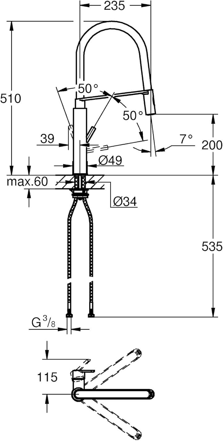 GROHE Feel - Einhand-Spültischarmatur (Profi-Brause, Schwenkbereich 360°), supersteel, 31489DC0