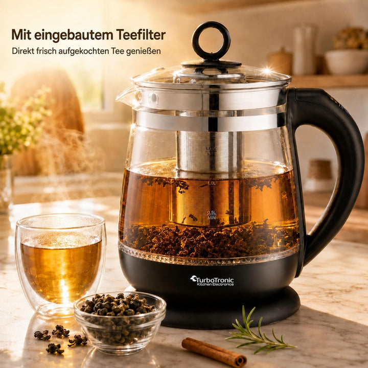 TurboTronic Glas Wasserkocher 100% plastikfrei, 1,5 Liter mit Edelstahl Kalkfilter, LED Beleuchtung