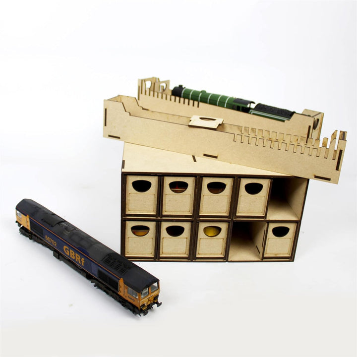 WWScenics Lagerbox für Loks &amp; Fahrzeuge | 10 Schubladen | Modellbahn Modellbau MDF Lokomotive Aufbew