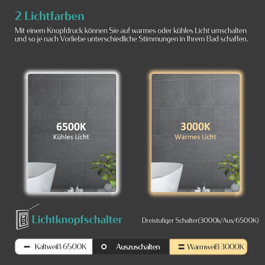 EMKE Spiegel mit Beleuchtung 60x50cm, badspiegel mit Beschlagfrei und 2 Lichtfarbe Warmweiss/Kaltwei