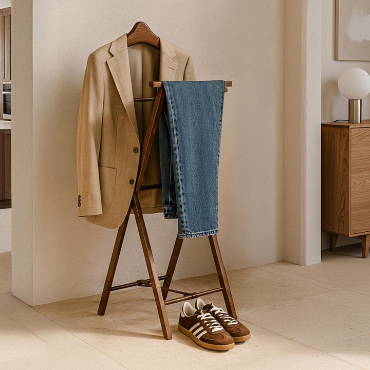 konsimo klappbarer Herrendiener – Kleiderständer aus Massivholz, für Jacken, Hosen, Gürtel und Krawa