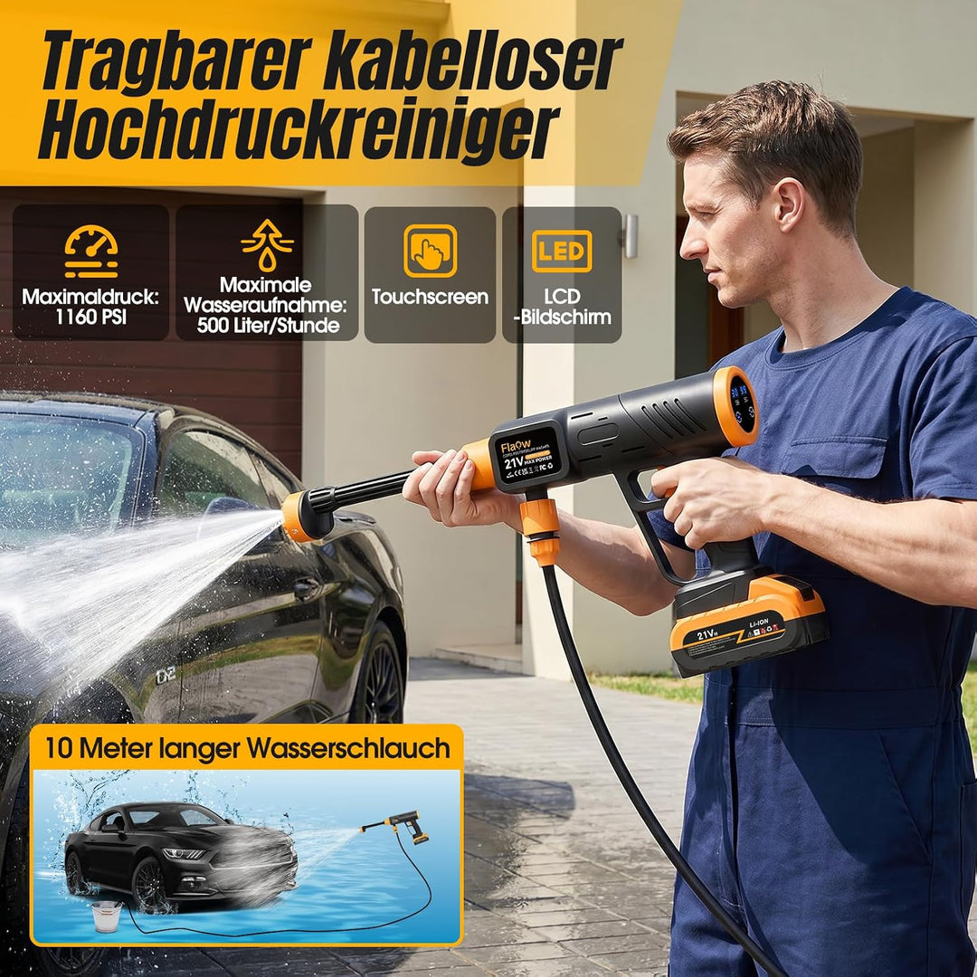 Akku Hochdruckreiniger mit 6-in-1 Multifunktionsdüse, Mobiler Hochdruckreiniger mit 2 Akku, 10 Meter