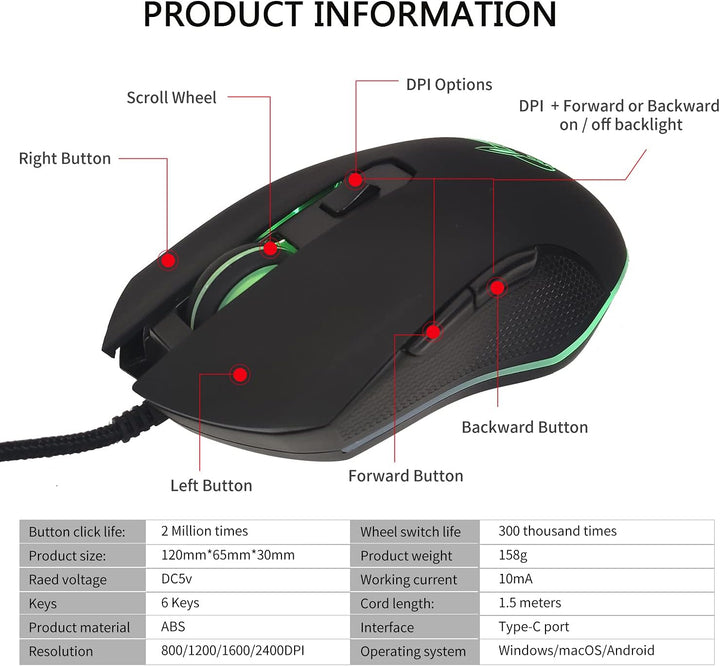 IULONEE Kabelgebundene Gaming-Maus USB C geräuscharmes Klicken 7 Farben Hintergrundbeleuchtung optis