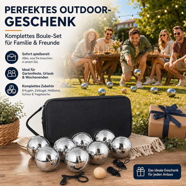 Boules-Set aus verchromtem Stahl (8 Kugeln),2 Holz-Zielkugeln, Abstandsmesser &amp; Ballabsauger | Kompl