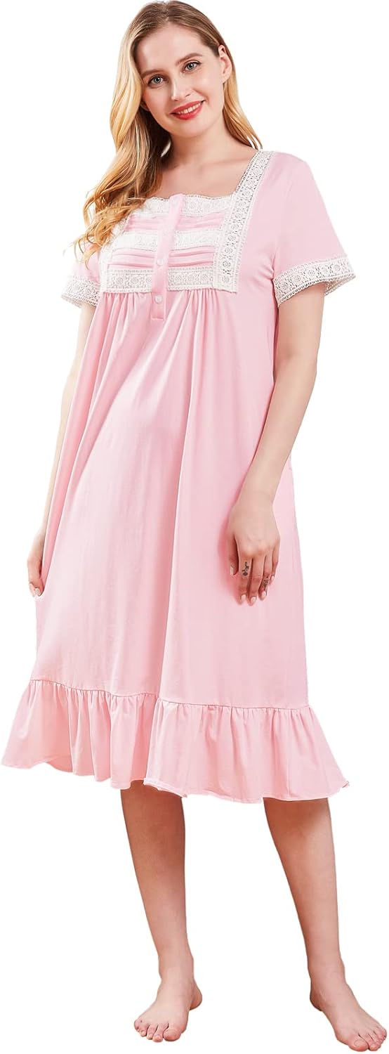 Nanxson Damen Nachthemd Kurzarm Baumwoll Nachtwäsche Vintage Viktorianischen Spitze Nachtkleid Schla