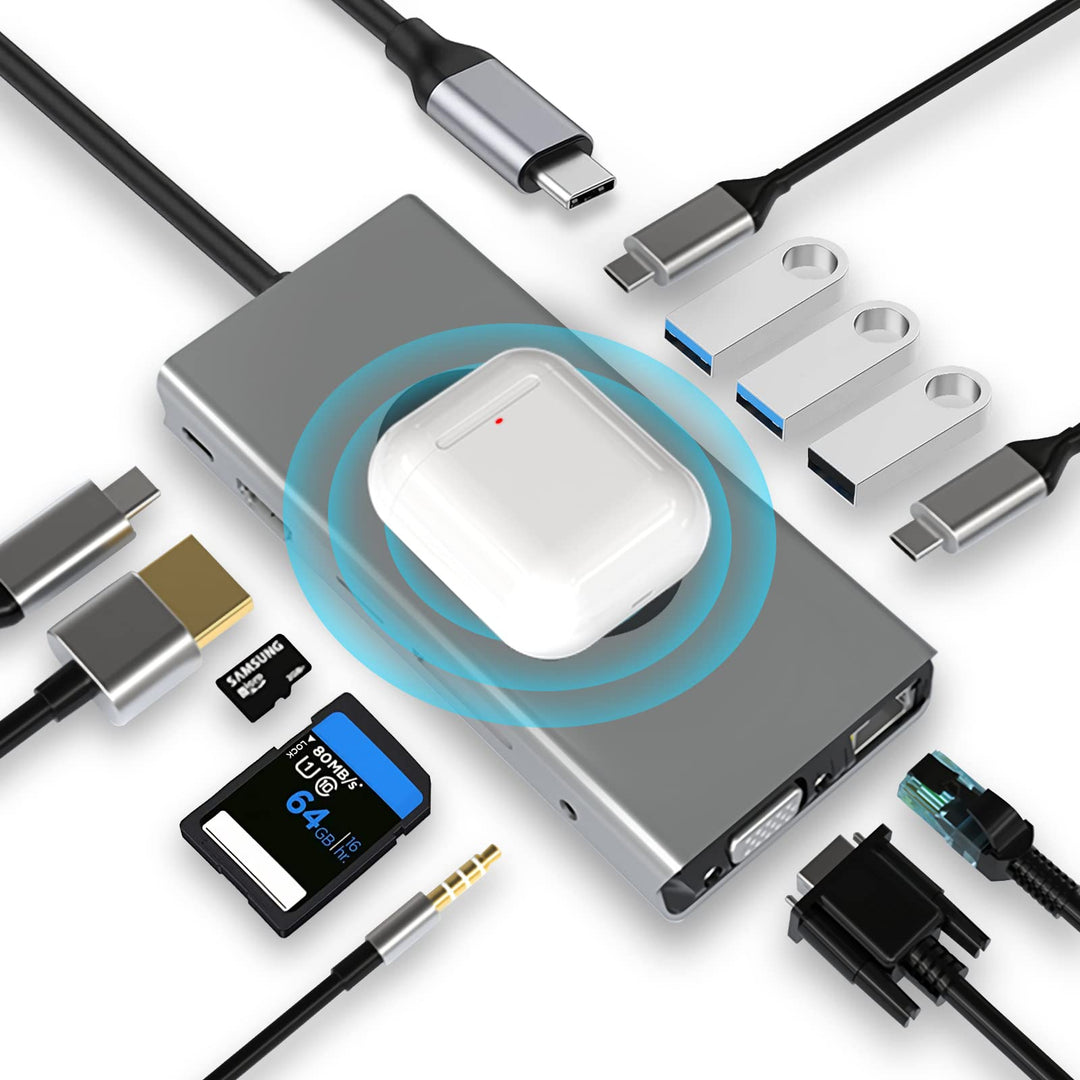 HUB Dongle mit kabellosem Laden, 13 in 1 Docking Station Adapter mit 4K-HDMI, VGA, 2×USB3.0, USB C 3