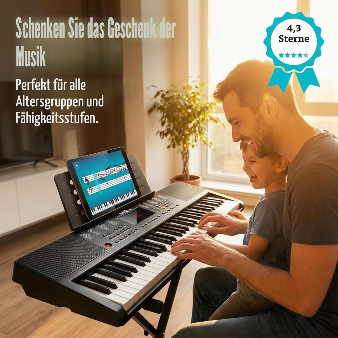 RockJam Compact 61 Key Keyboard with Sheet Music Stand, Power Supply, Piano Note Stickers & Simply P