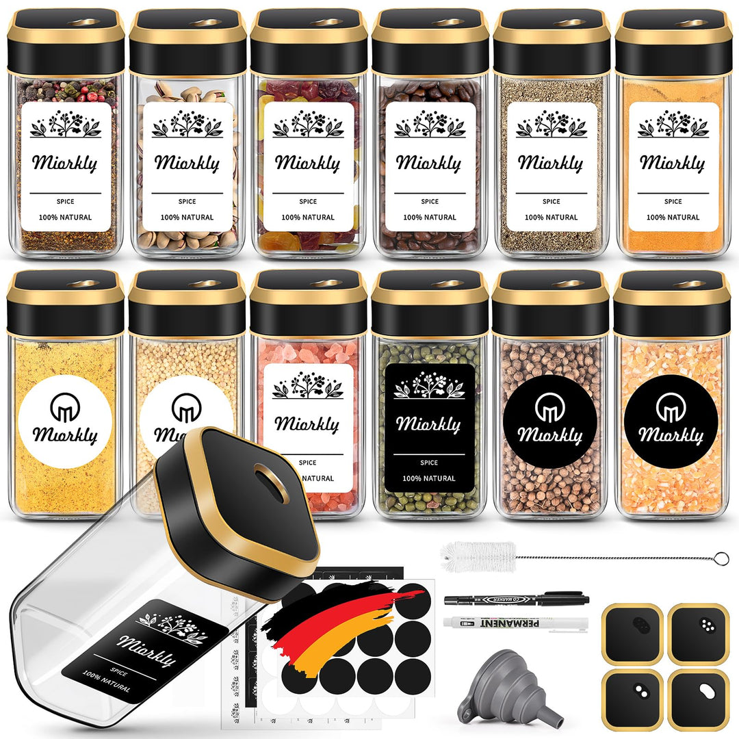 Miorkly Gewürzgläser Eckig 12er mit [Etiketten &amp; Streueinsatz],Gewürzstreuer Glas mit Gold Luftdicht