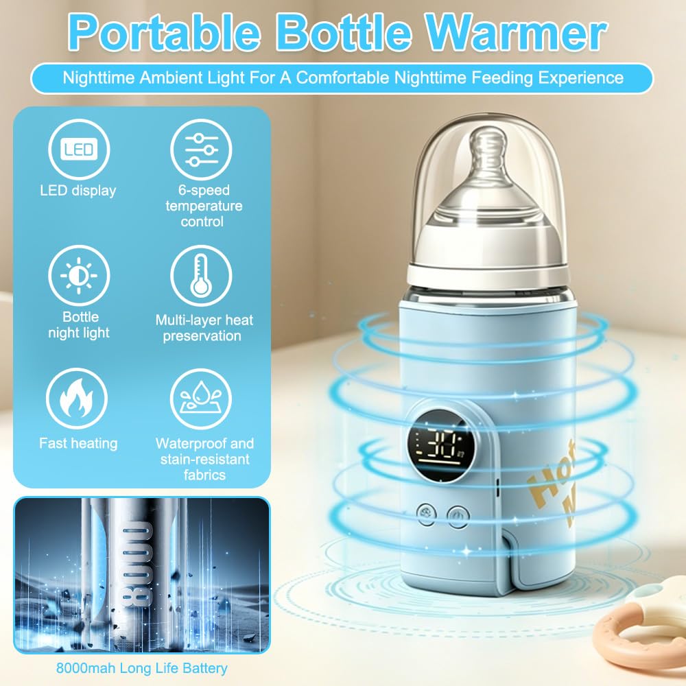 Flaschenwärmer Baby Unterwegs, Tragbarer Baby Flaschenwärmer mit LCD-Display 8000mAh Milchwärmer Bab
