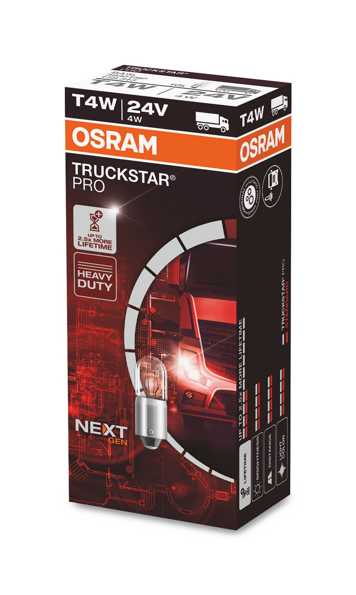 Osram TRUCKSTAR® PRO T4W, +120% mehr Helligkeit, Halogen-Signallampe, 3930TSP, 24V LKW Lampe, Faltsc