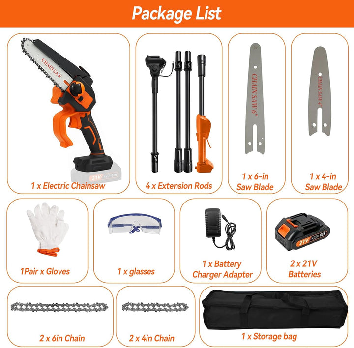 2-in-1 Akku-Pole Säge, hohe Zweigsäge Handkettensäge mit 4&6 Zoll Ketten 2pcs wiederaufladbare 21V B