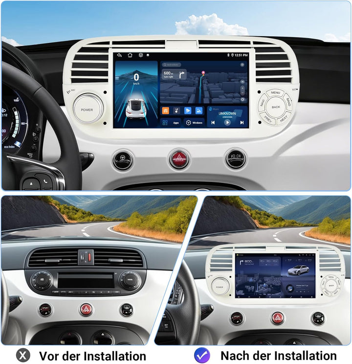 ESSGOO 4+64G Wireless Autoradio mit Carplay und Android Auto Für FIAT 500 2007-2015, Android 14 Auto