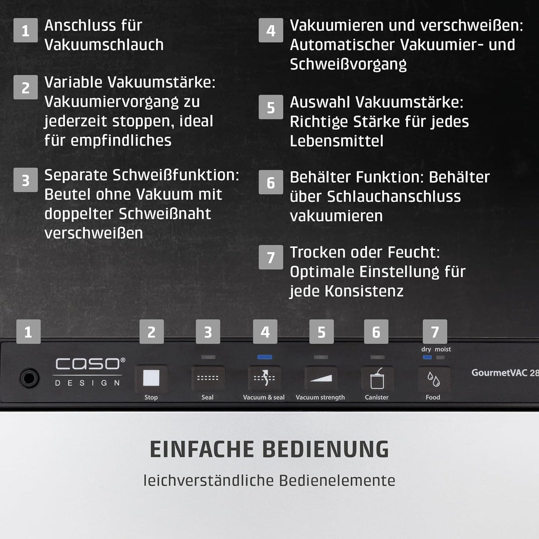 CASO 1385 GourmetVAC 280 - Vakuumierer - doppelte Schweissnaht - Kolbenpumpe (15L/min) und kraftvoll