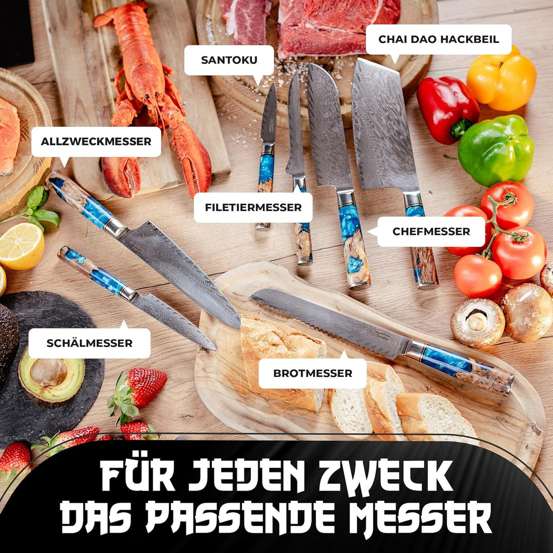 Tsume Profi Set Saphir, Messerset mit 7 Premium Küchenmessern, Echte Damast Küchenmesser, 67 Schicht