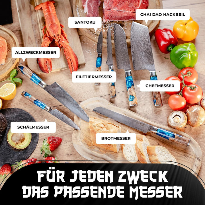Tsume Profi Set Saphir, Messerset mit 7 Premium Küchenmessern, Echte Damast Küchenmesser, 67 Schicht