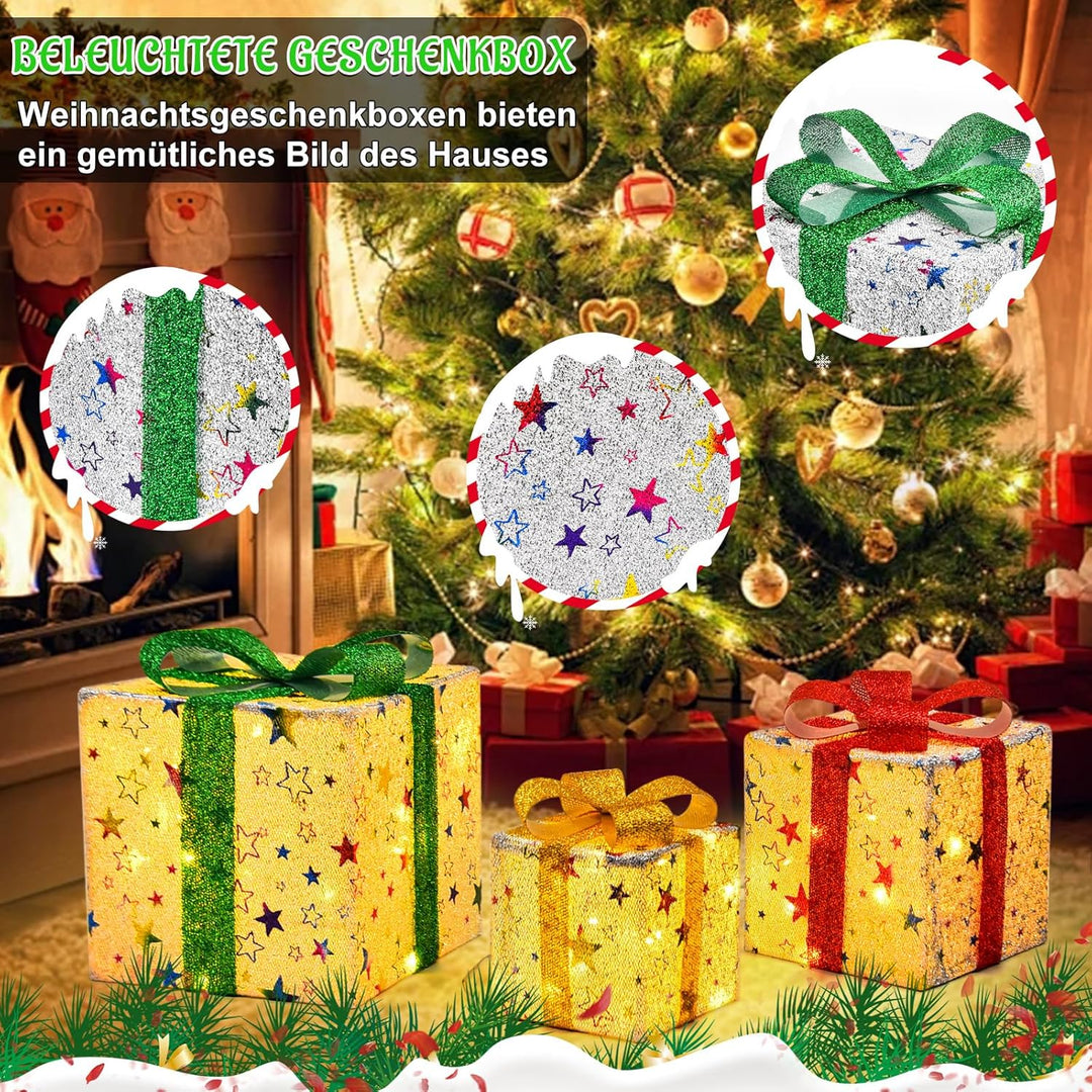 JONRRYIN LED Geschenkbox Weihnachten, 3er Set LED Deko Geschenkbox mit Fernbedienung, Timer, 8 Blitz