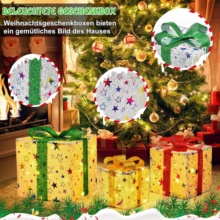 JONRRYIN LED Geschenkbox Weihnachten, 3er Set LED Deko Geschenkbox mit Fernbedienung, Timer, 8 Blitz