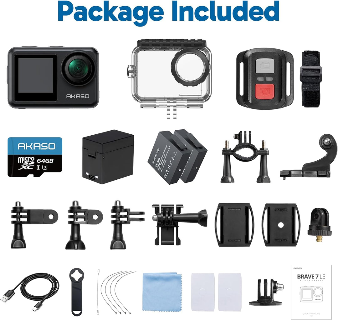 AKASO Brave 7 LE Action Cam 4k30FPS 20MP mit 64GB U3 Speicherkarte Unterwasserkamera IPX7 wasserdich
