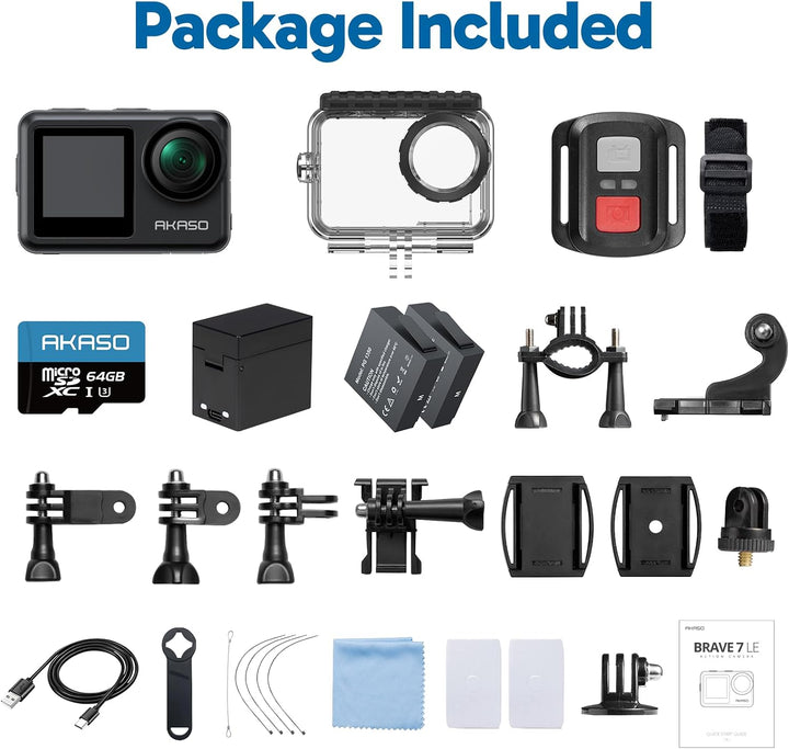 AKASO Brave 7 LE Action Cam 4k30FPS 20MP mit 64GB U3 Speicherkarte Unterwasserkamera IPX7 wasserdich