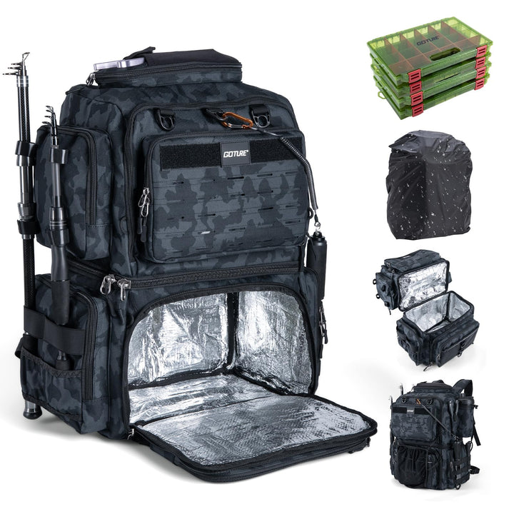Goture Doppelstöckiger Angelrucksack mit 4 Köderbox Angeln – 78L wasserdichte Angelgerätetasche mit