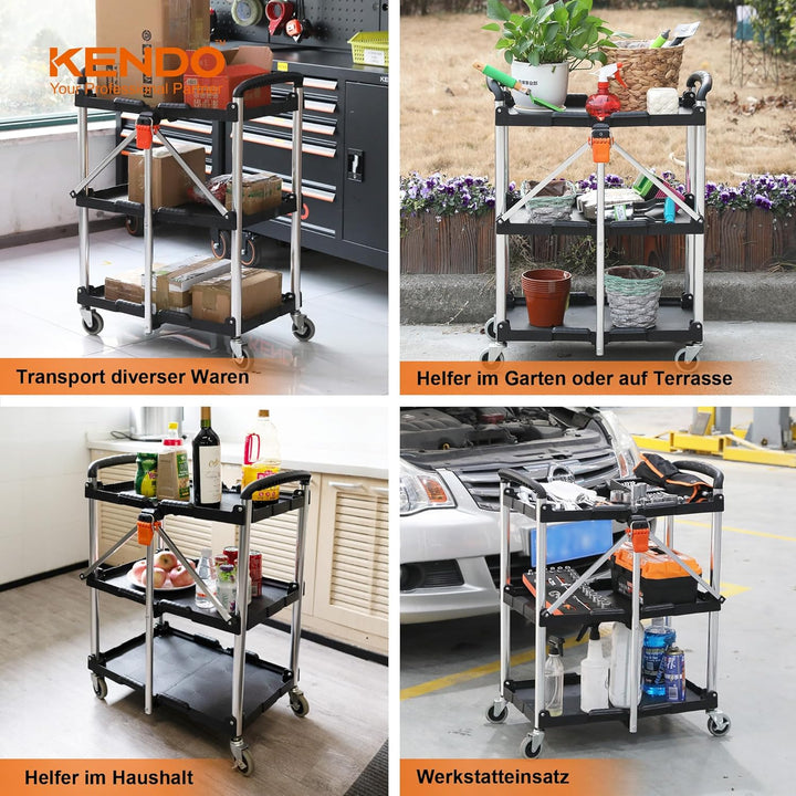 KENDO Servierwagen klappbar - Rollwagen Küche, Beistellwagen mit gebremsten Rollen und Zuladung bis