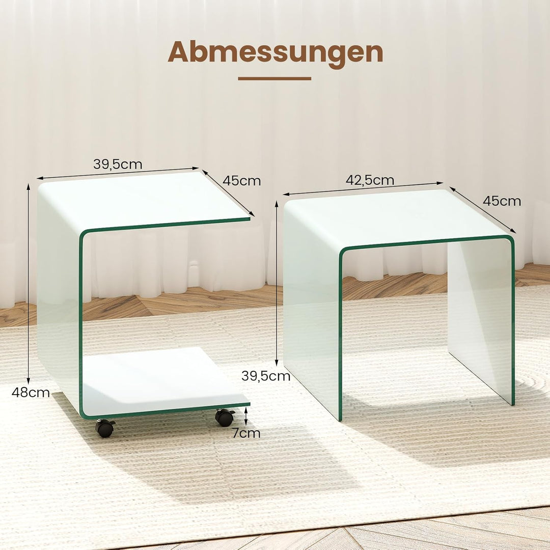 COSTWAY Beistelltisch aus gehärtetem Glas mit Rollen, Glastisch C-Form, Nachttisch, Sofatisch, Kaffe