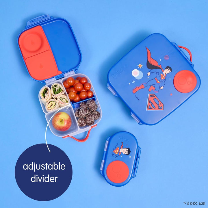 b.box Superman Mini Brotdose | Bento-Box mit 3 Fächern (2 auslaufsicher) | Ideal für Kleinkinder, Ki