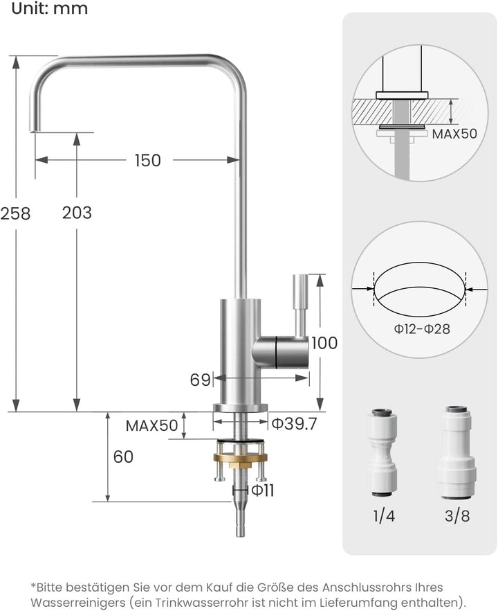 Trinkwasserhahn, Wasserhahn Küche Für Umkehrosmose Oder Wasserfiltersystem, Küchenarmatur Aus Edelst