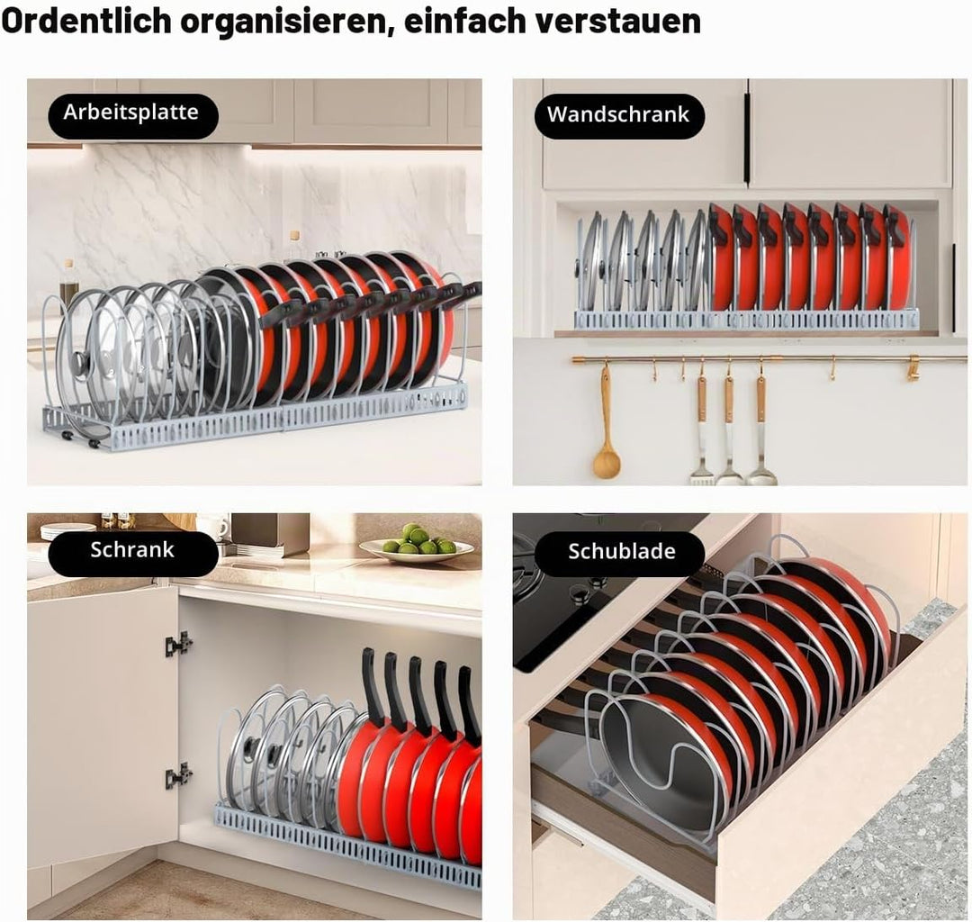 Housolution Pfannenhalter für Schublade, Erweiterbarer Topfdeckelhalter mit 14 Verstellbaren Teiler,