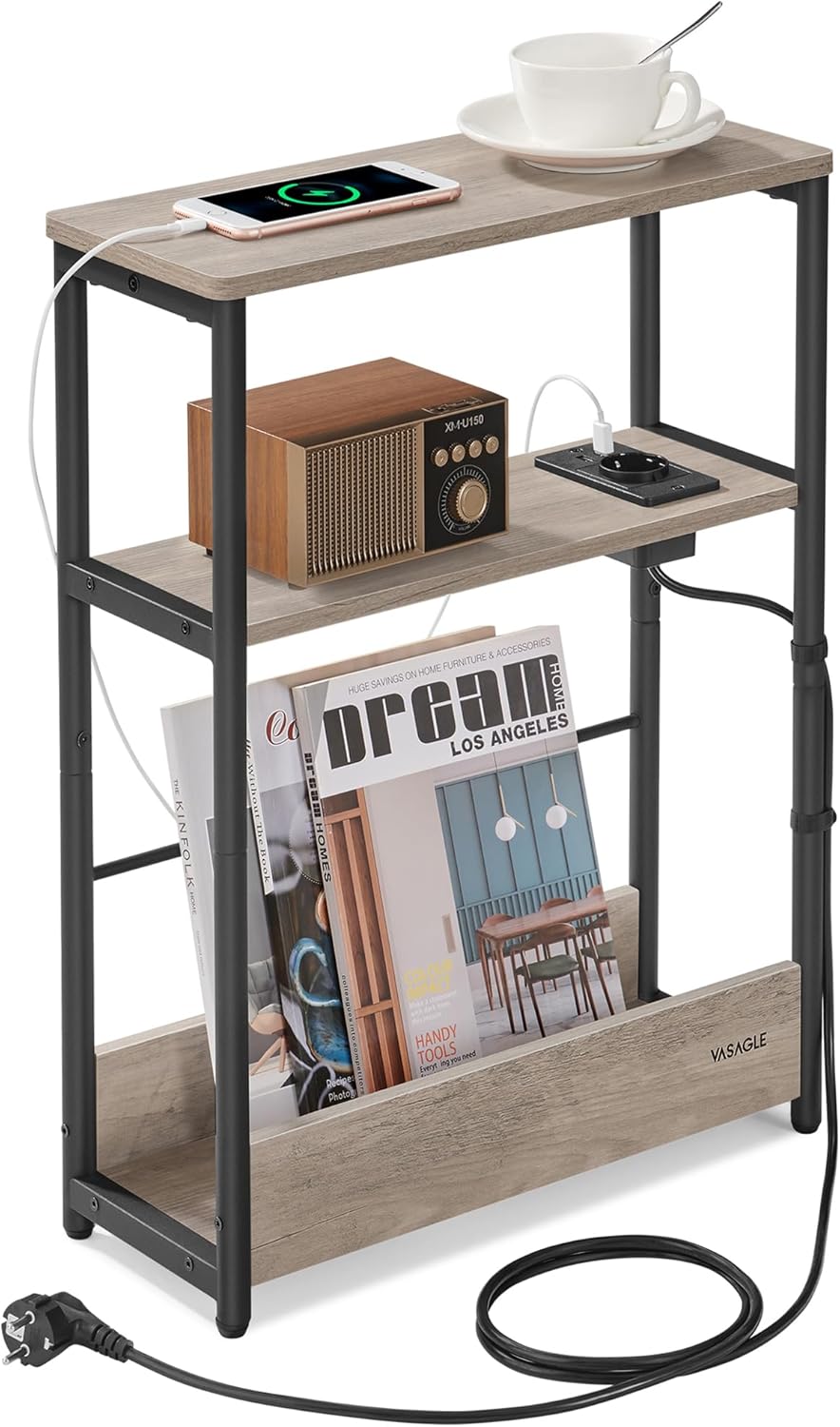 VASAGLE Beistelltisch schmal, Nachttisch mit Ladefunktion, Couchtisch klein, 3 Ablagen, Zeitschrifte