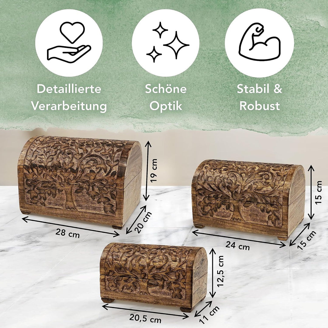 3 er Set Schatztruhen Baum des Lebens, massive Holz-Schatullen max. 28 x 20 x 19 cm Braun Box Baum d